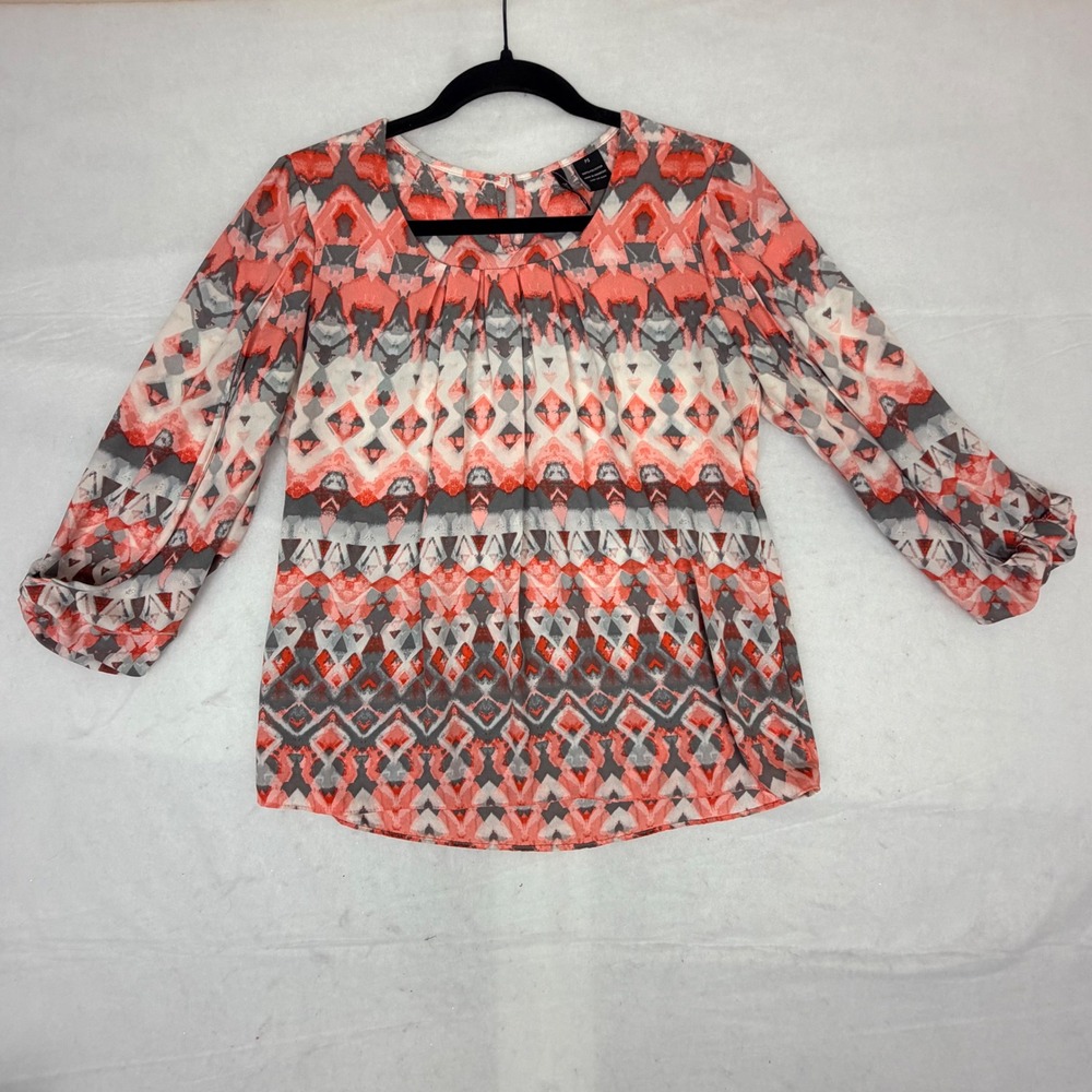 New Directions Petite PS Coral Grey Geometric Ikat 3/4 Sleeve Blouse Top